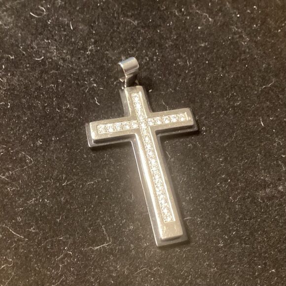 Driving Force Silvertone and Black Crystal Inset Cross Pendant - Picture 1 of 4